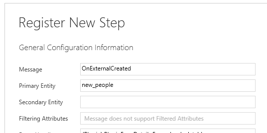 การลงทะเบียนขั้นตอนปลั๊กอินบนข้อความ OnExternalCreated สําหรับเอนทิตี new_people