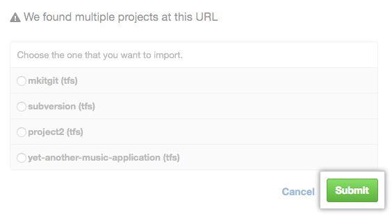 สกรีนช็อตของการเลือกโครงการที่พบใน URL เดียวกัน ตัวนําเข้าโครงการ