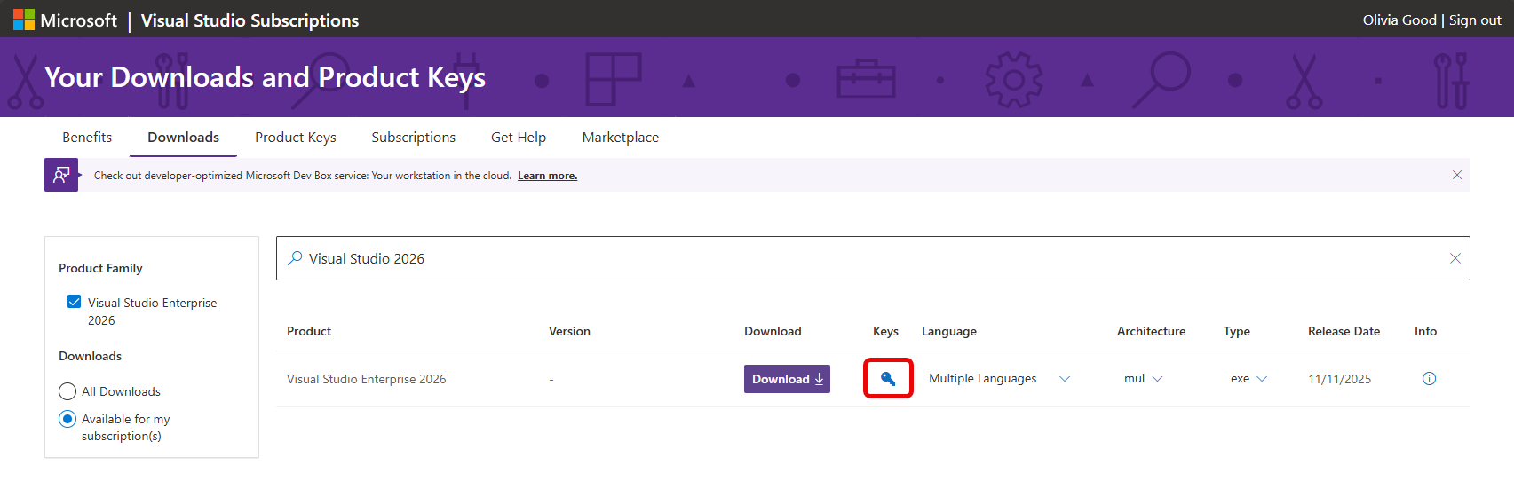 Screenshot of the download page for Visual Studio Enterprise 2026. The blue key icon is highlighted. Get Key from Downloads Page