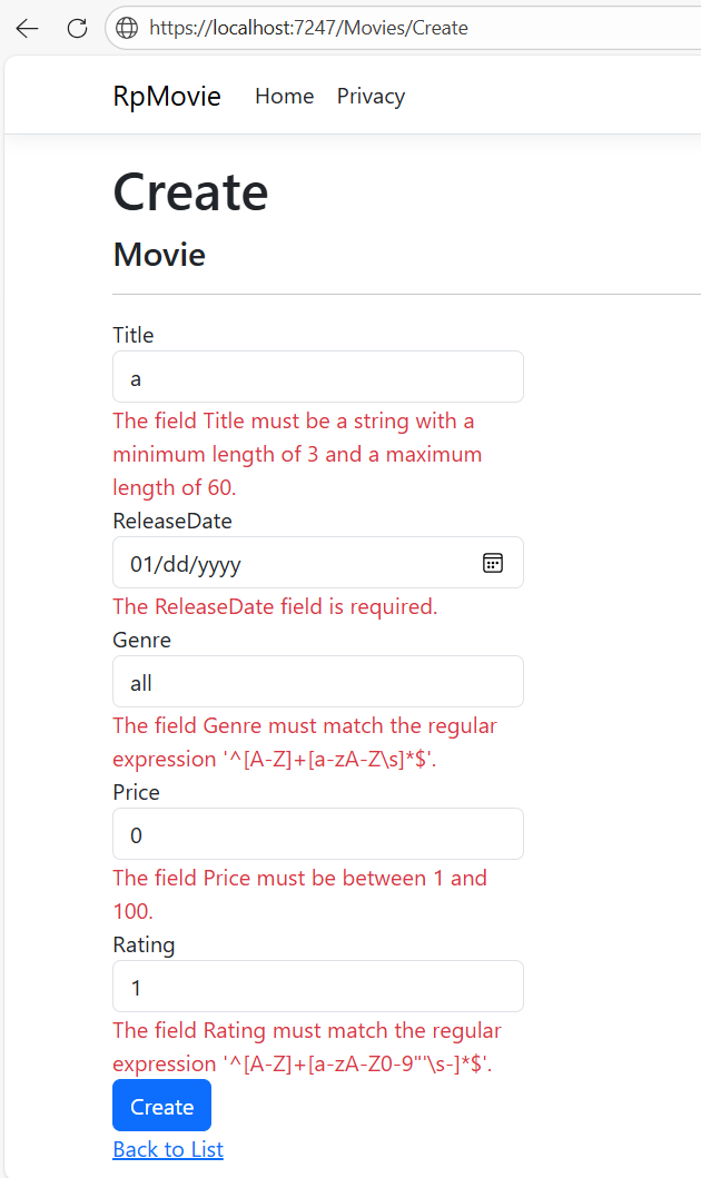 样例应用程序的编辑验证示例。