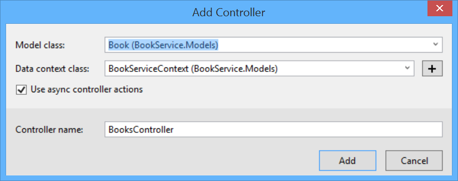 “添加控制器”窗口的屏幕截图，显示在“模型类”下拉菜单中选择了 “Book” 模型类。