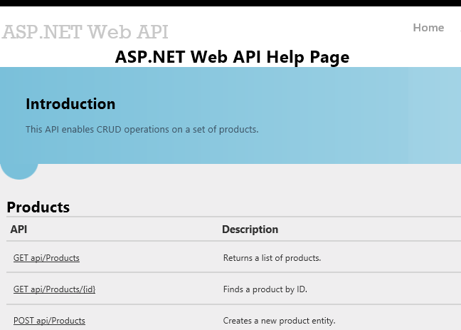 “A S P 点 NET A P I 帮助”页的屏幕截图，其中显示了可供选择的可用 A P I 产品及其说明。