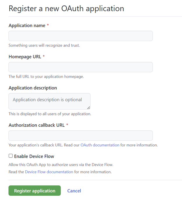 在 GitHub 中注册新 OAuth 应用程序的屏幕截图。