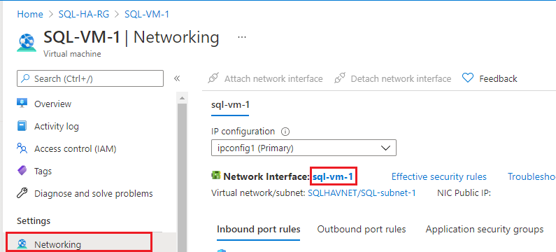 Azure 门户中虚拟机网络页的屏幕截图，其中选择了网络接口字段。