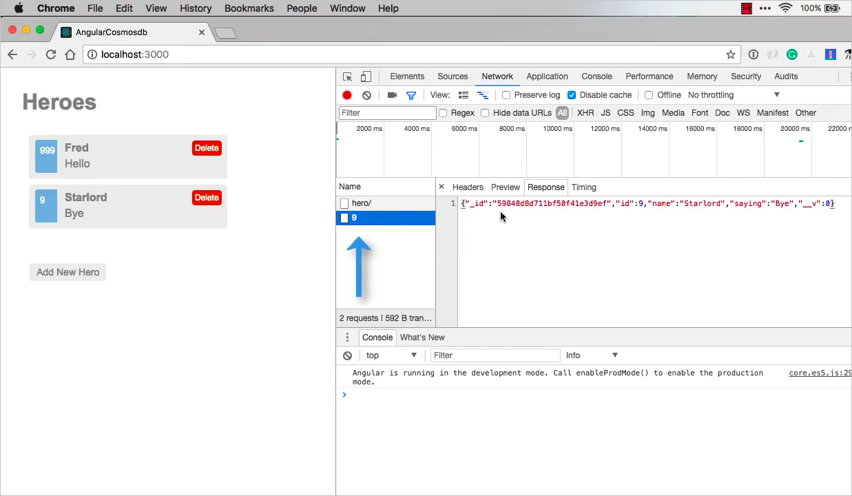Heroes 应用的“网络”选项卡，显示有效负载