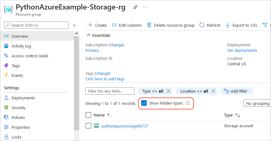 新资源组的 Azure 门户页，其中显示了存储帐户