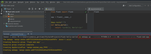 这是 PyCharm IDE 的截图，其中 Azure CLI 命令正在部署 Web 应用。
