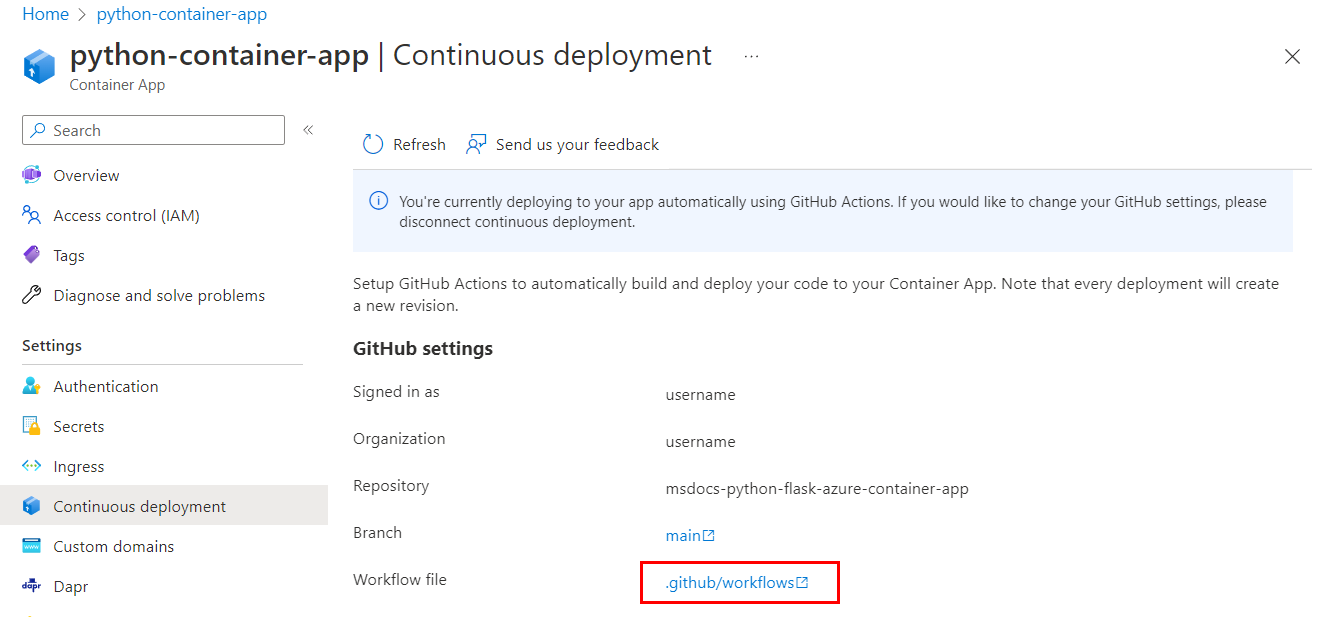 屏幕截图,显示使用 GitHub Actions 为持续部署配置的 Azure 容器应用。