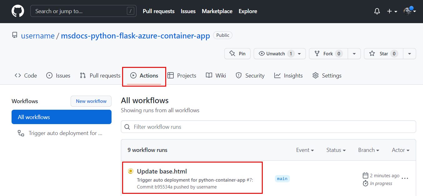 屏幕截图,显示存储库的“操作”选项卡上的工作流。