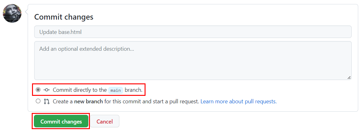 显示了用于在示例存储库分支中的模板文件中提交更改选择的屏幕截图。
