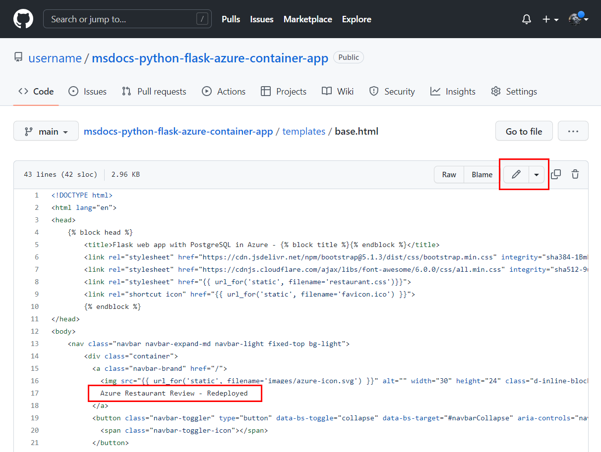 显示如何在示例存储库分支中的模板文件中进行更改的屏幕截图。