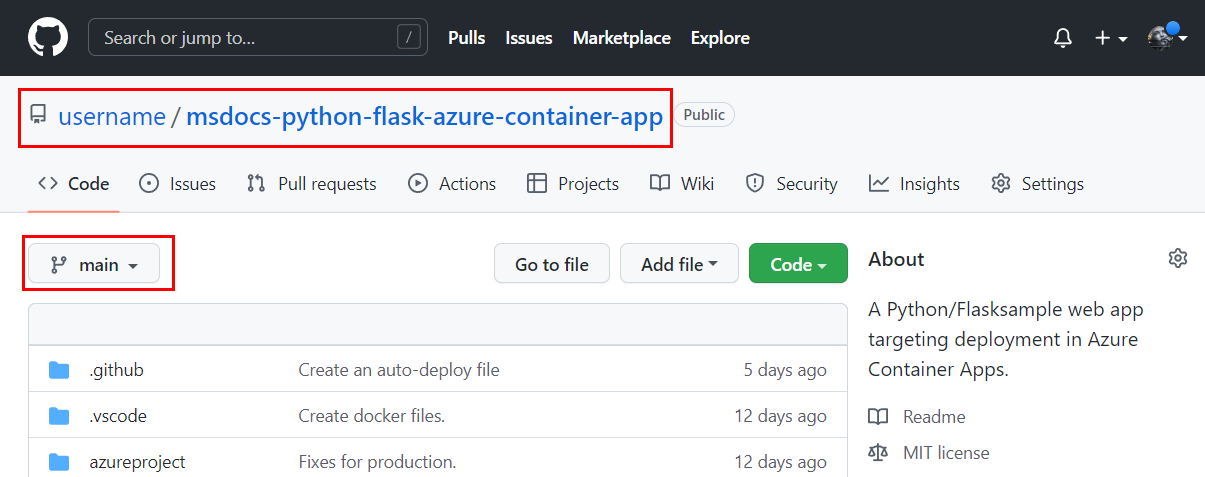 显示示例存储库分支中主分支的屏幕截图。