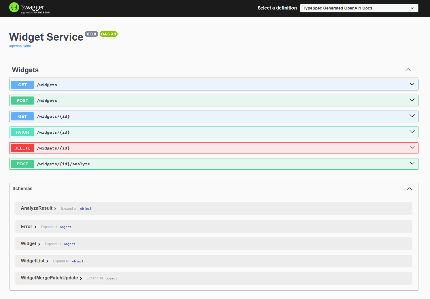 显示 Widgets API Swagger UI 的浏览器屏幕截图。