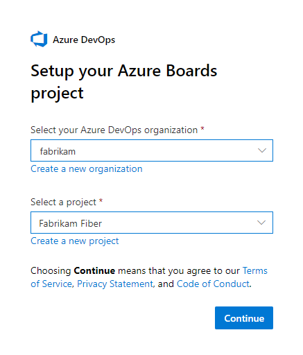 截图显示 Azure Boards 项目设置页面，其中选择组织和项目。