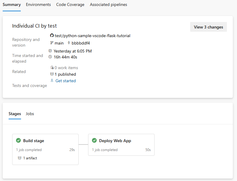 “管道运行摘要阶段”部分的屏幕截图。