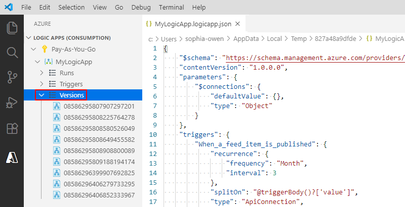 屏幕截图显示了 Visual Studio Code 和一个逻辑应用程序的早期版本。