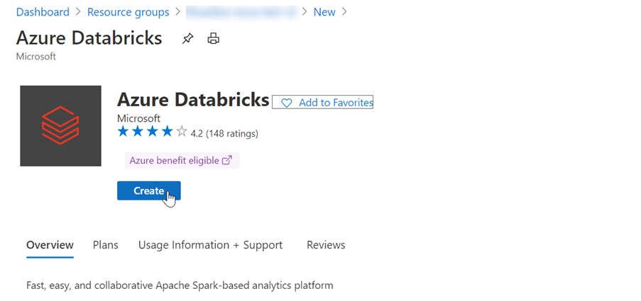 截图显示 Azure Databricks 服务，选择了“创建”。