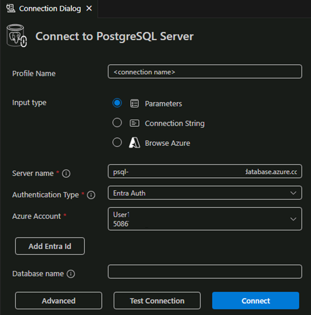 Visual Studio Code 连接对话框的 PostgreSQL 扩展的屏幕截图。