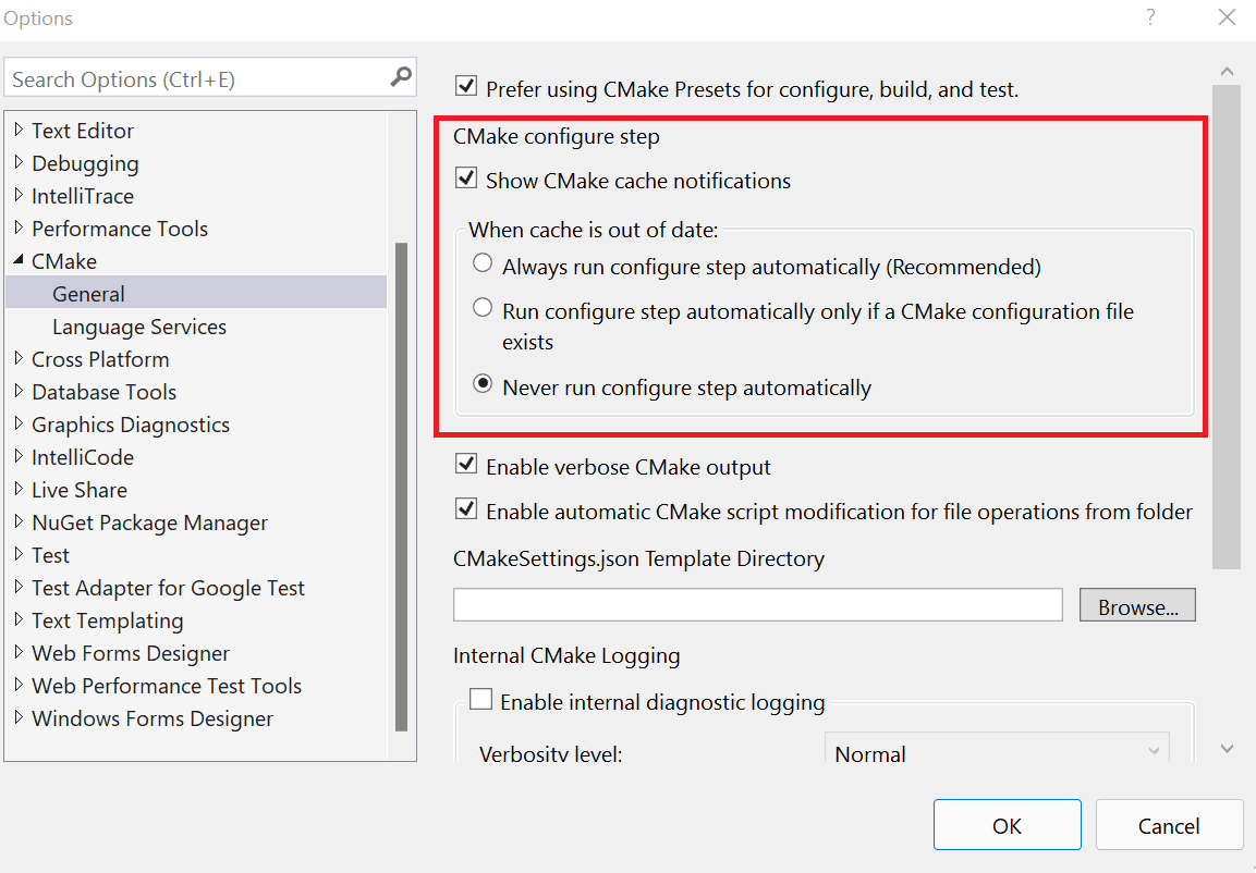 Visual Studio 设置窗口中 C Make 配置选项的屏幕截图。