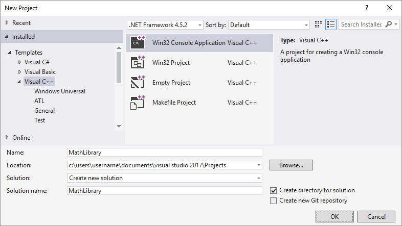 Visual Studio 2015 中“新建项目”对话框的屏幕截图，其中显示了“名称”文本框中的 MathLibrary。