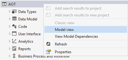 Screenshot of the context menu showing the Model view option in Application Explorer.