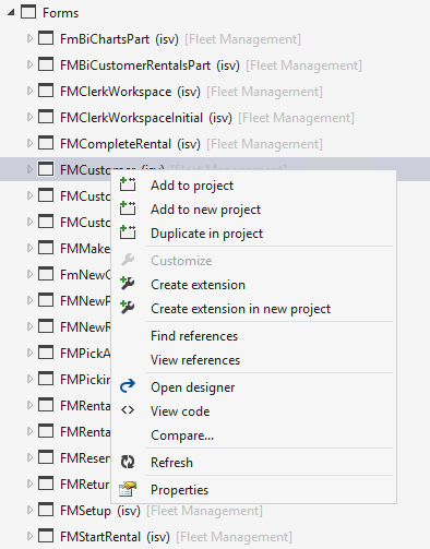 Screenshot of the context menu options available for a form element in Application Explorer.