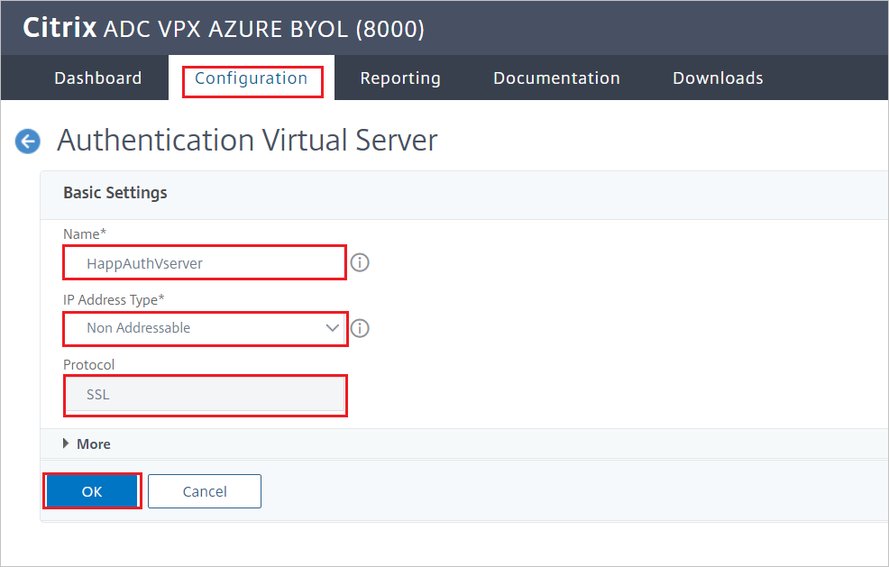 Citrix ADC 配置 -“身份验证虚拟服务器”窗格