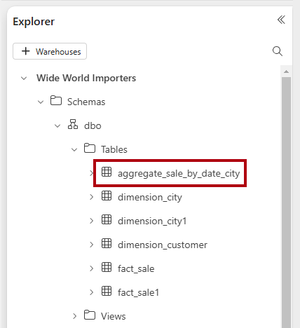 资源管理器窗格的屏幕截图，其中突出显示了新创建的表。