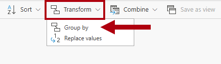 “转换”下拉列表的屏幕截图，其中突出显示了“分组依据”选项。