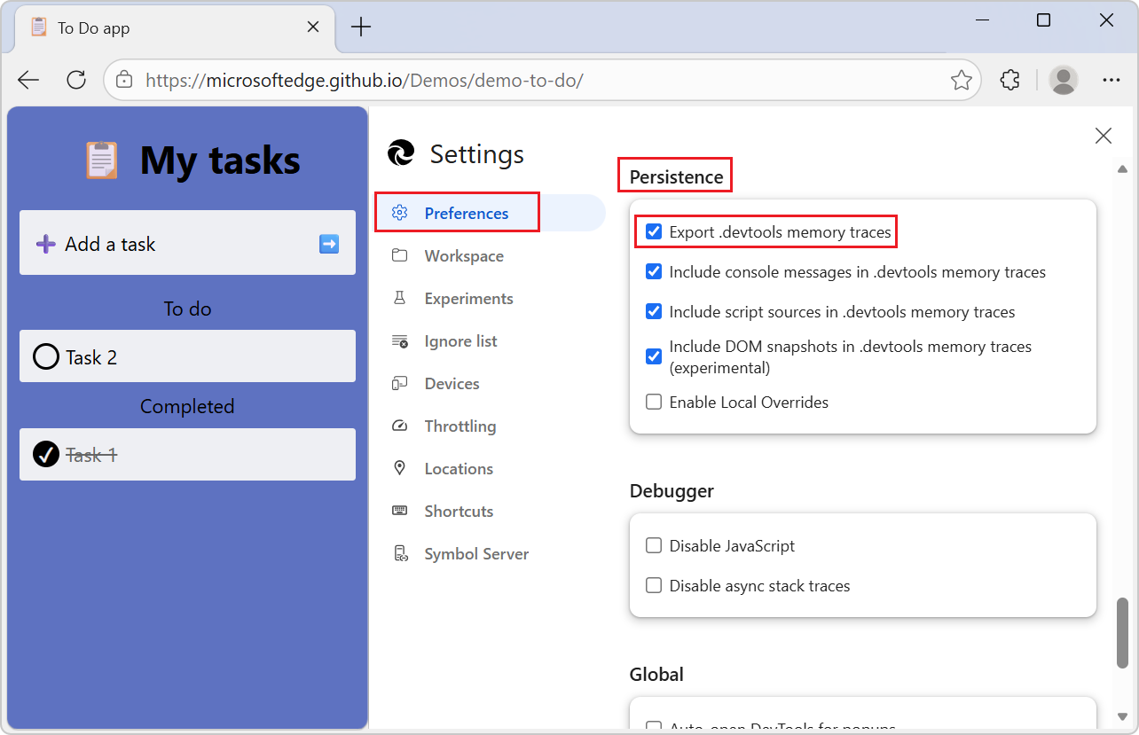 DevTools 中的“设置”面板，其中显示了“导出类型”选项