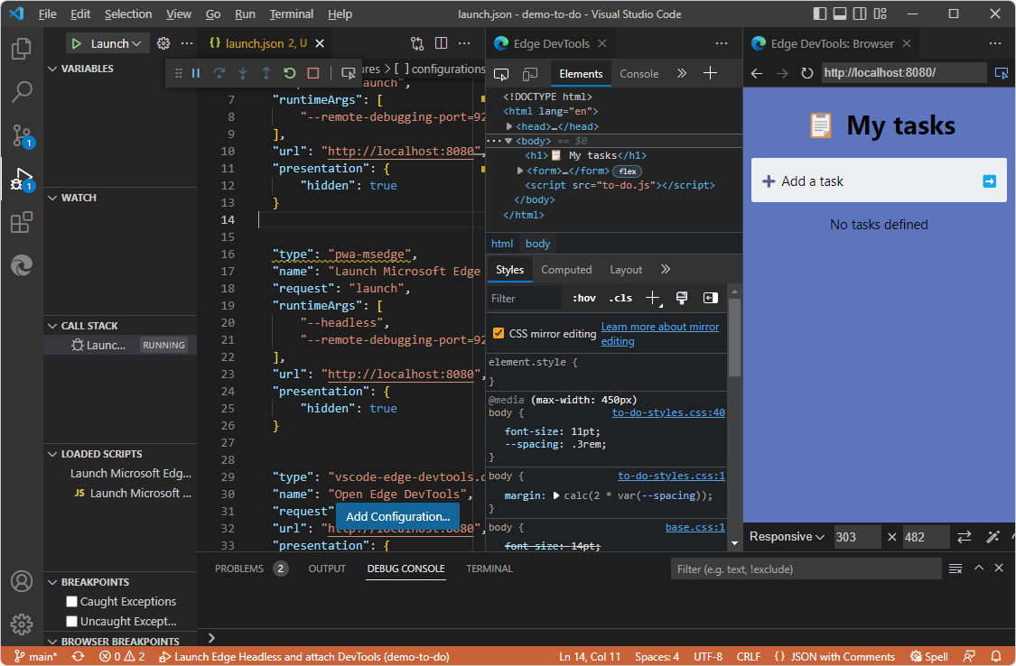 通过“启动项目”按钮在 DevTools 中启动的演示作应用