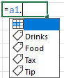 显示用户键入“a1.”，Excel 显示包含饮料、食品、税务和小费选项的菜单。