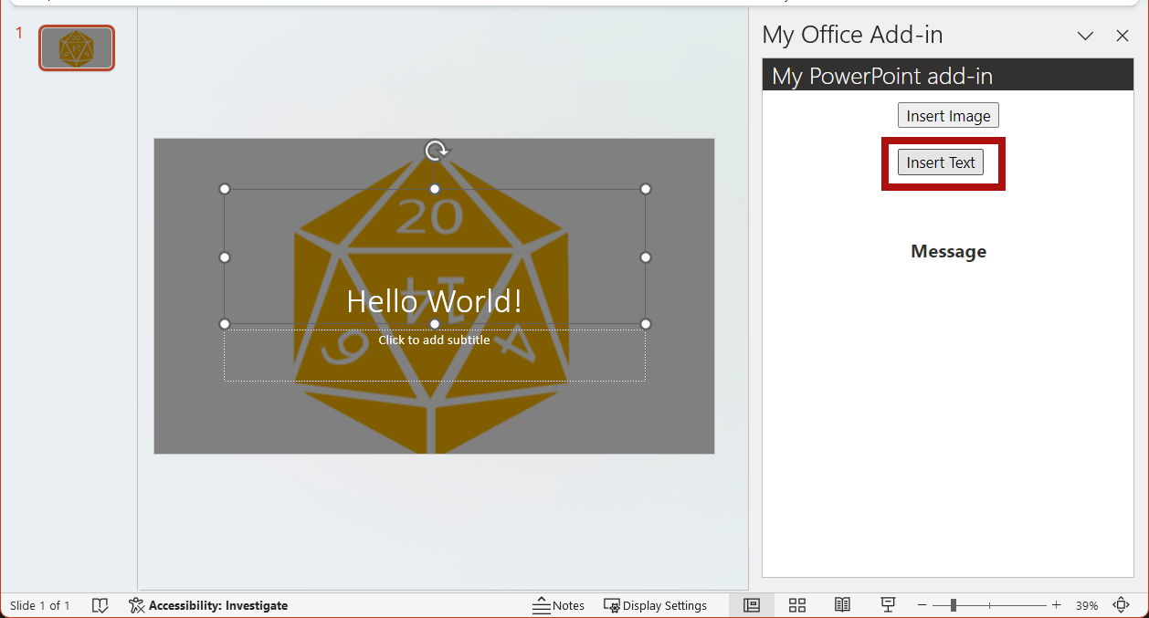 所选 PowerPoint 标题幻灯片，加载项中突出显示的“插入文本”按钮。