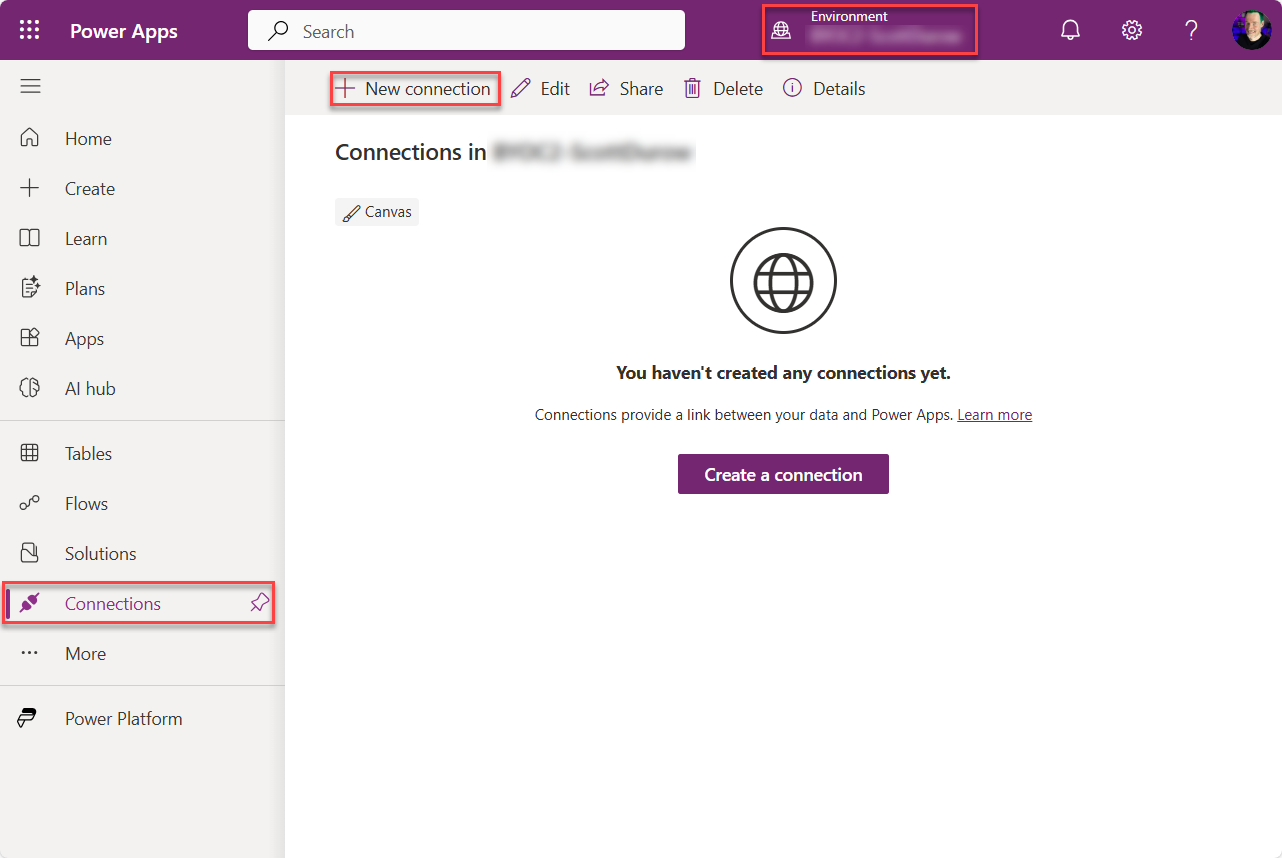 + Power Apps 中的新连接