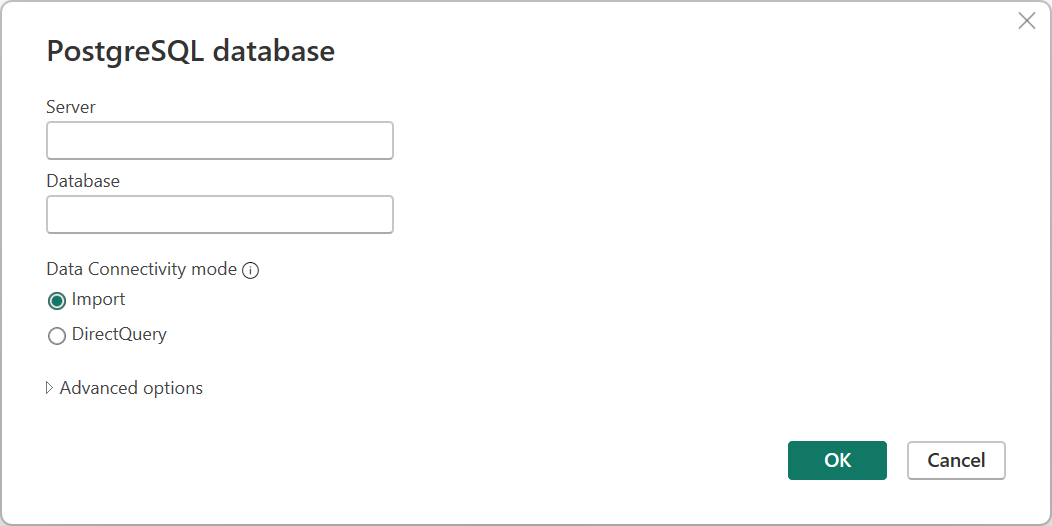 Power BI 中 PostgreSQL 连接生成器的屏幕截图。