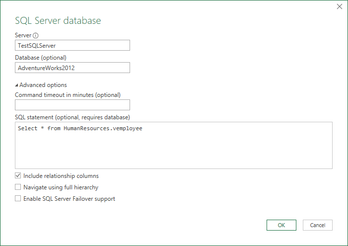 SQL Server 数据库对话框的屏幕截图，其中包含本机数据库查询。