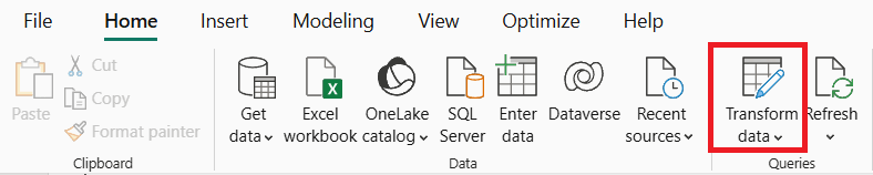 “Power BI”中“主页”栏的截图，其中突出显示了“转换数据”按钮。