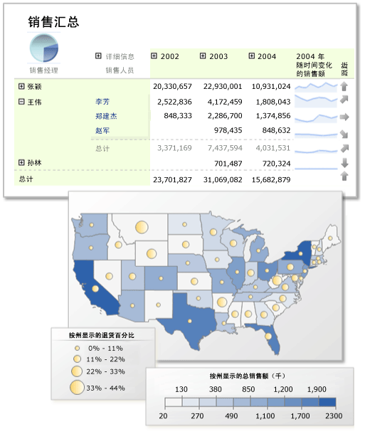 具有矩阵、迷你图、指示器和地图的报表