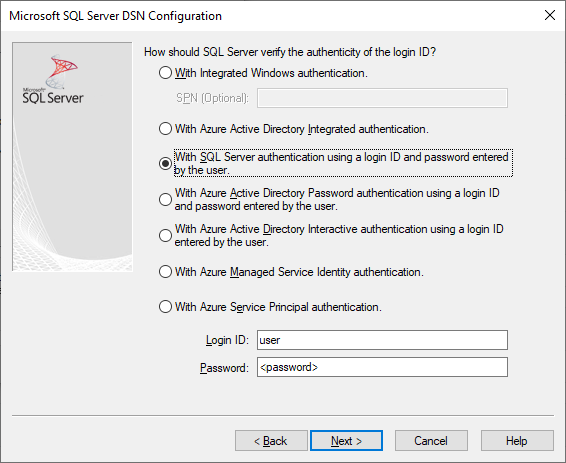 在选定 SQL Server 身份验证的情况下，DSN 创建和编辑屏幕。