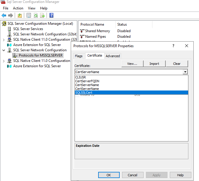SQL Server 配置管理器中属性对话框的证书选项卡的截图。