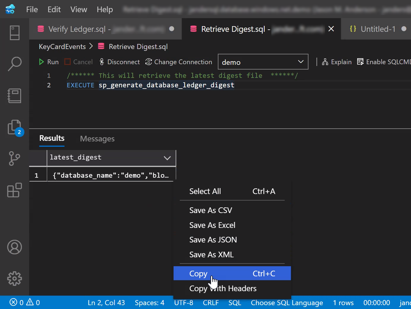 显示使用 Visual Studio Code 检索摘要结果的屏幕截图。