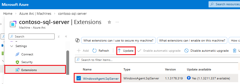 Azure 门户中“计算机 - Azure Arc”窗格的“扩展”子窗格的屏幕截图，其中突出显示了更新。