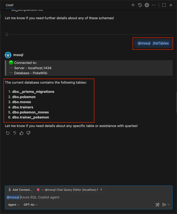 在 GitHub Copilot 聊天中使用 /listTables 斜杠命令的屏幕截图。
