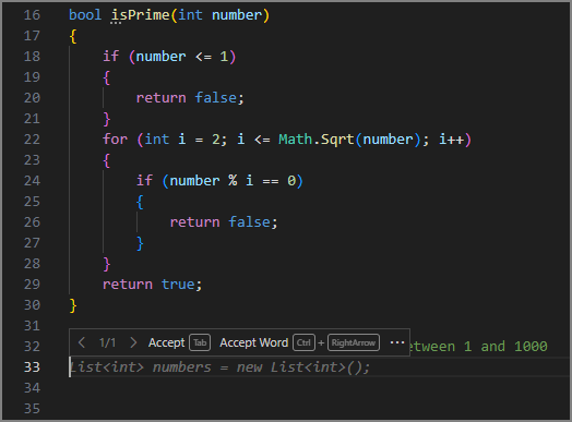 截图显示 GitHub Copilot 添加第一行代码。