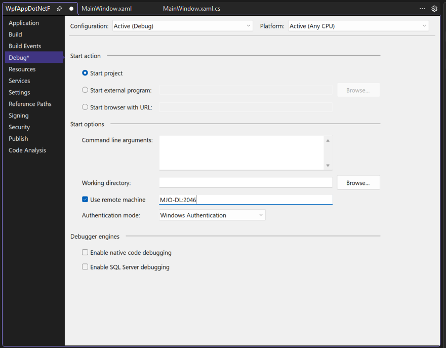“Visual Studio 项目属性”中的“调试”选项卡的屏幕截图。Use remote machine 属性设置为“MJO-DL: 4026”。