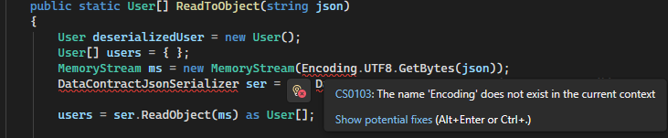 展示如何在 Visual Studio 中使用灯泡修复代码的截图。