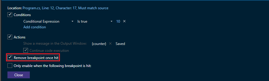 显示首次命中时删除断点的屏幕截图。