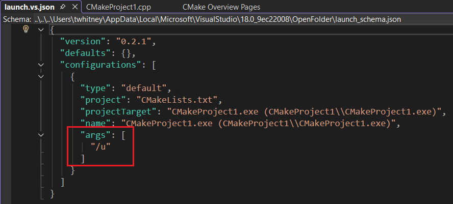 launch.vs.json 文件的屏幕截图，其中突出显示了 args 元素