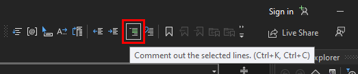 Visual Studio 2022 中文本编辑器工具栏中“注释掉”按钮的屏幕截图。