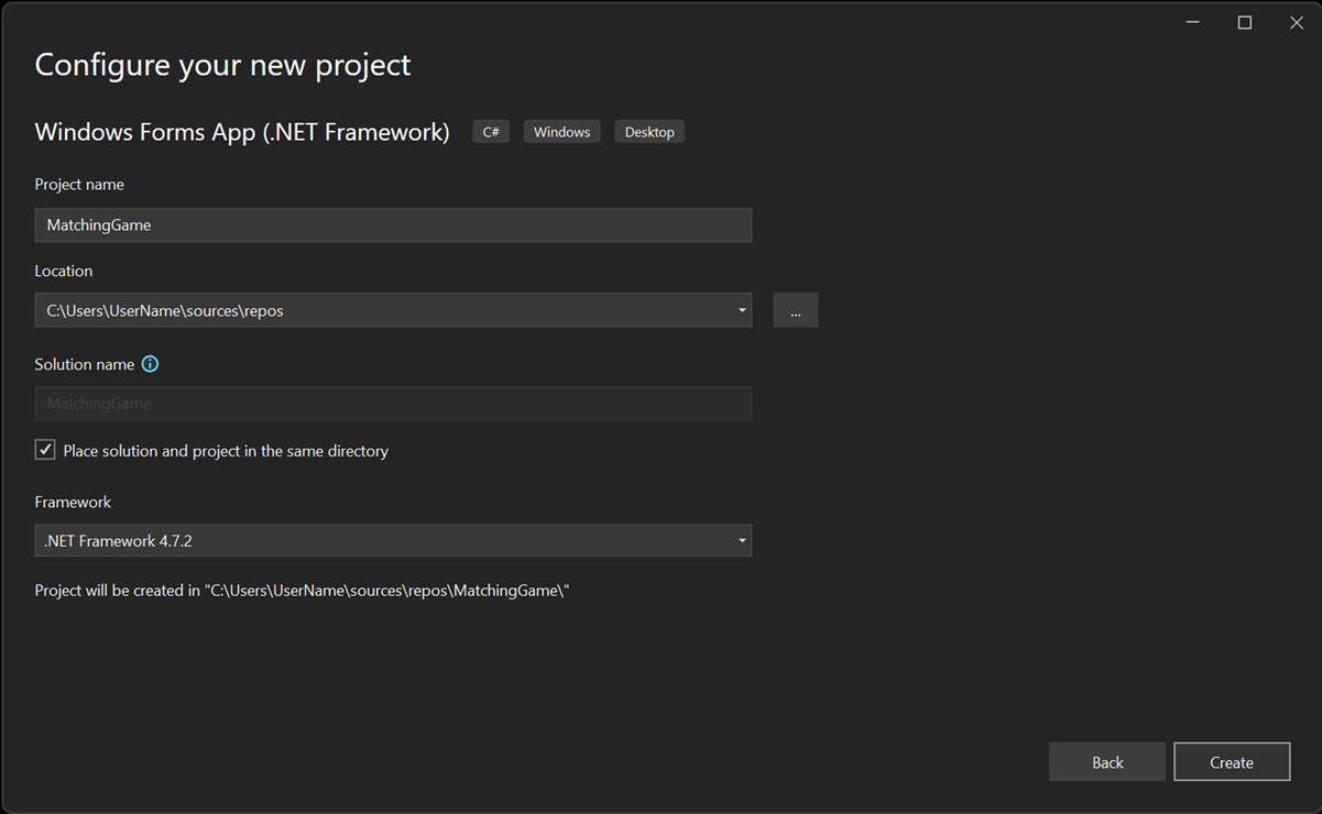 Visual Studio 2022 中“配置新项目”窗口的屏幕截图。